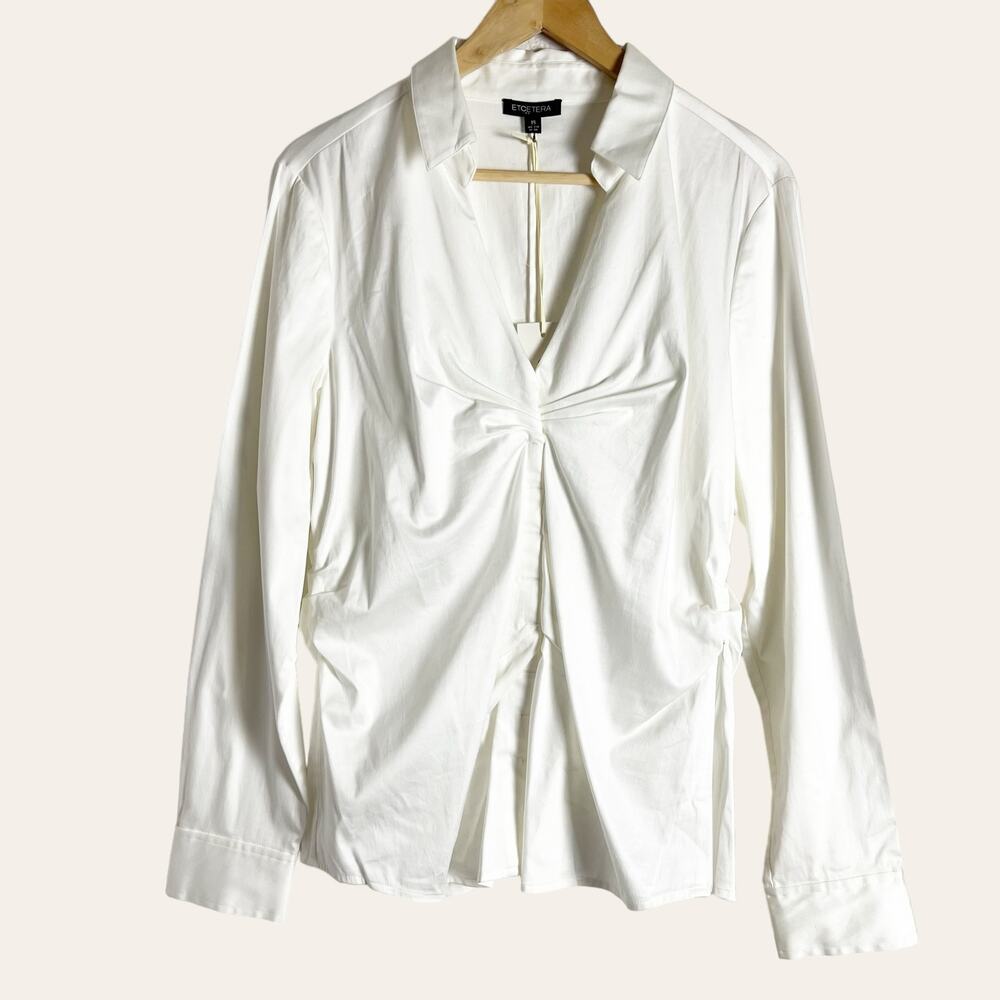 Etcetera Solid White Gathered V-Neck Long Sleeve Collared Blouse Shirt Size 16